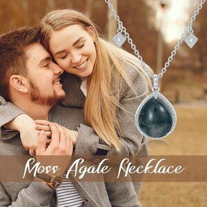 Natural Moss Agate Teardrop Necklace 925 Sterling Silver White Gold NWT